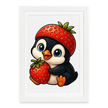 Funny Penguin with Strawberry in Hat Fruity - Framed poster (27 × 37 cm) - white - Front