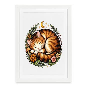 Dreamy Cat with a Nocturnal Floral Heart - Framed poster (27 × 37 cm) - white - Front
