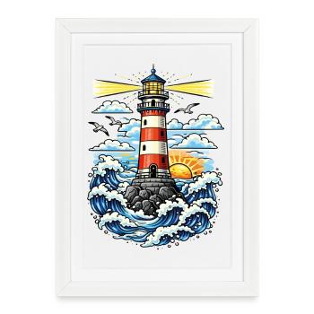 Phare marin vintage vagues et coucher de soleil - Affiche encadrée (27 × 37 cm) - blanc - Devant