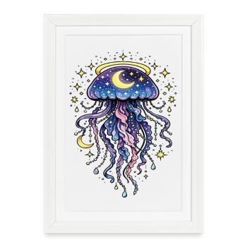 Jellyfish, cosmic galaxy, moon and stars - Framed poster (27 × 37 cm) - white - Front