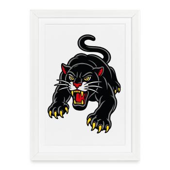 Panthère bondissante style tattoo sauvage - Affiche encadrée (27 × 37 cm) - blanc - Devant