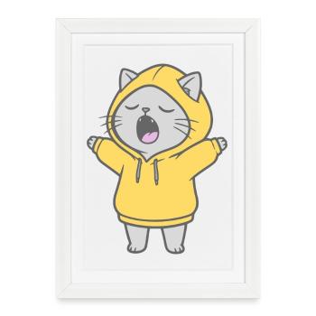 Chat en sweat à capuche - Affiche encadrée (27 × 37 cm) - blanc - Devant