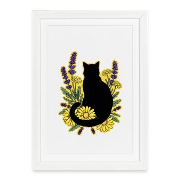 gatto_nero_tra_margherite_e_lavanda - Affiche encadrée (27 × 37 cm) - blanc - Devant