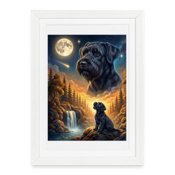 Hurlant au mème de la lune, chien Schnauzer géant - Affiche encadrée (27 × 37 cm) - blanc - Devant