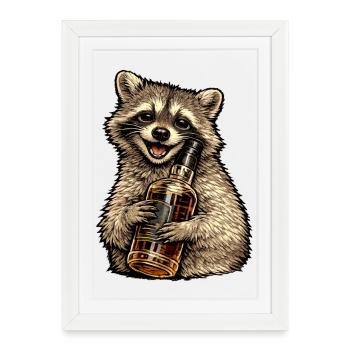 Waschbär mit Whiskyflasche Whiskey - Gerahmtes Poster (27 × 37 cm) - Weiß - Vorne