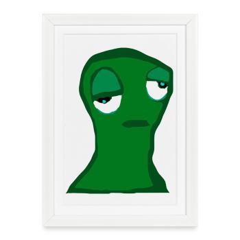 Personnage vert fatigué – Dessin animé minimaliste, Frus - Affiche encadrée (27 × 37 cm) - blanc - Devant