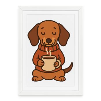 Teckel mignon avec café – Amateur du café - Affiche encadrée (27 × 37 cm) - blanc - Devant