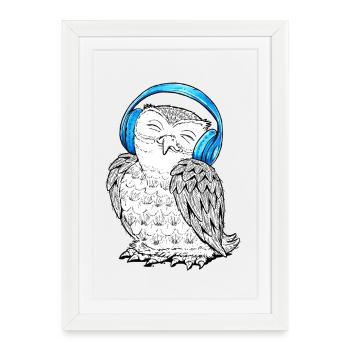 Hibou avec écouteurs - Affiche encadrée (27 × 37 cm) - blanc - Devant