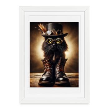 Chat noir Steampunk avec accessoires élégants - Affiche encadrée (27 × 37 cm) - blanc - Devant