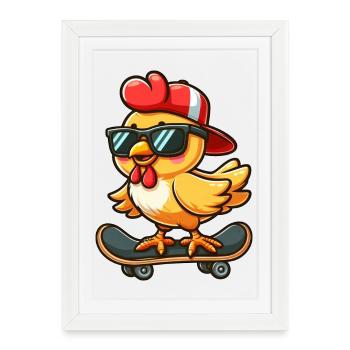 poulet poule coq planche à roulettes bande dessinée dessin animé - Affiche encadrée (27 × 37 cm) - blanc - Devant