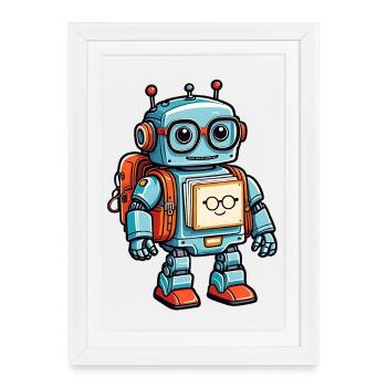 Drôle de petit robot avec cartable - Affiche encadrée (27 × 37 cm) - blanc - Devant