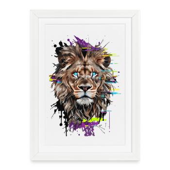Lion Chromatique : Regard Intense en Art Numérique - Affiche encadrée (27 × 37 cm) - blanc - Devant