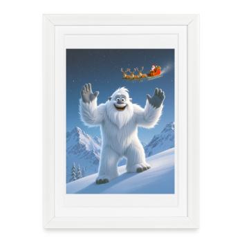 Yéti saluant le Père Noël volant au-dessus de nos têtes - Affiche encadrée (27 × 37 cm) - blanc - Devant
