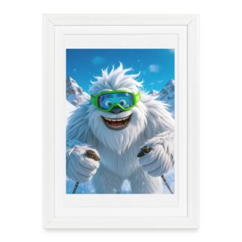 Giant Yeti skiing with green goggles joyfully - Framed poster (27 × 37 cm) - white - Front