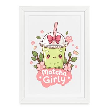 Kawaii Iced Matcha Latte with Cherry Blossoms - Framed poster (27 × 37 cm) - white - Front