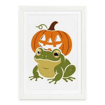 Grüner Frosch unter Halloween-Kürbis - Gerahmtes Poster (27 × 37 cm) - Weiß - Vorne