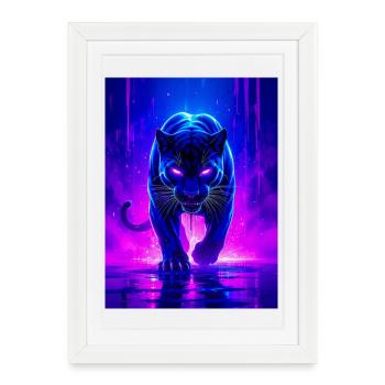 Une panthère brille d’un rose néon féroce et d’un sapin violet - Affiche encadrée (27 × 37 cm) - blanc - Devant