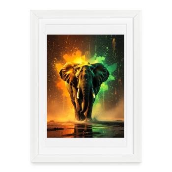 Un éléphant majestueux brille d’un orange radieux, d’or, - Affiche encadrée (27 × 37 cm) - blanc - Devant