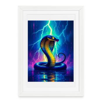 Un cobra s’élève à travers la foudre électrique en lueur - Affiche encadrée (27 × 37 cm) - blanc - Devant