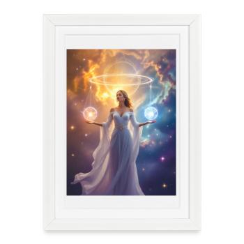 Celestial figure balancing sun and moon in cosmic  - Framed poster (27 × 37 cm) - white - Front