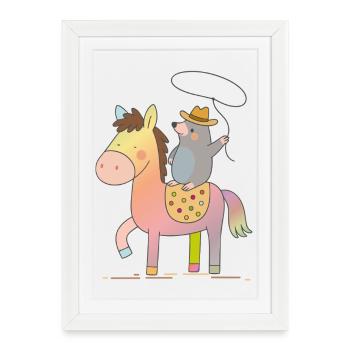 Promenades joyeuses de taupe sur un cheval coloré - Affiche encadrée (27 × 37 cm) - blanc - Devant