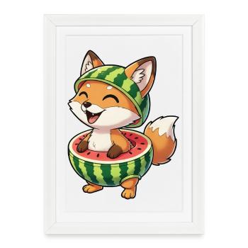 Renard drôle avec pastèque amusant d’été - Affiche encadrée (27 × 37 cm) - blanc - Devant