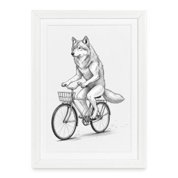 Wolf Cyclist à vélo - Affiche encadrée (27 × 37 cm) - blanc - Devant