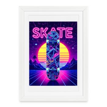 Skate Neon Tower – Style urbain rétro des années 80 - Affiche encadrée (27 × 37 cm) - blanc - Devant