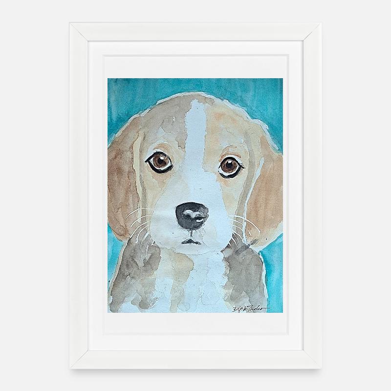 Chiot Beagle, aquarelle - Affiche encadrée (27 × 37 cm) - blanc