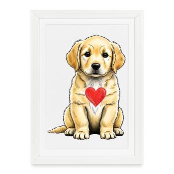 Chien câlin au cœur rouge - golden retriever - Affiche encadrée (27 × 37 cm) - blanc - Devant