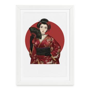 Geisha en kimono rouge avec éventail - Affiche encadrée (27 × 37 cm) - blanc - Devant
