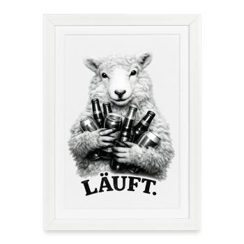 Sheep with beer bottles – Running. - Framed poster (27 × 37 cm) - white - Front