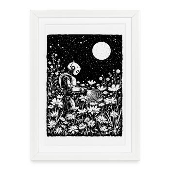 Robot Watering Glowing Flowers - Framed poster (27 × 37 cm) - white - Front
