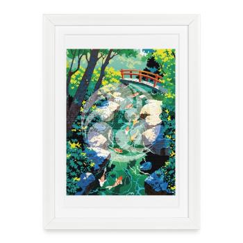 Paysage fluvial des koïs japonais avec design Kamon - Affiche encadrée (27 × 37 cm) - blanc - Devant