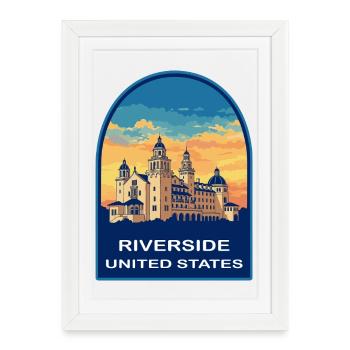 Riverside California Mission Inn Retro Travel Badg - Affiche encadrée (27 × 37 cm) - blanc - Devant