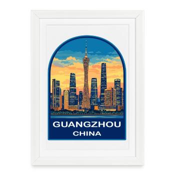 Insigne rétro de la tour de la tour de canton de Guangzhou avec la skyline - Affiche encadrée (27 × 37 cm) - blanc - Devant