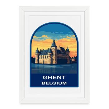 Ghent Belgium Gravensteen Castle Retro Sunset Badg - Framed poster (27 × 37 cm) - white - Front