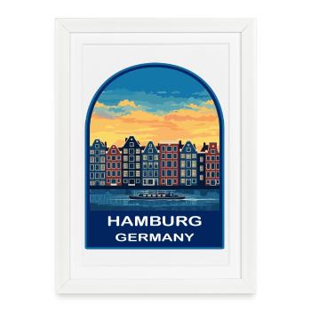Emblème rétro rétro du coucher de soleil de Hamburg en Allemagne Canal Habitat - Affiche encadrée (27 × 37 cm) - blanc - Devant