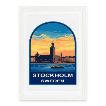 Emblème rétro du front de mer de l’hôtel de ville de Stockholm, Suède - Affiche encadrée (27 × 37 cm) - blanc - Devant