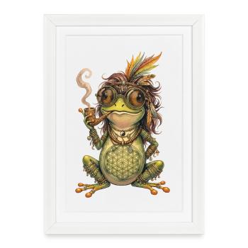 Aquarelle : Grenouille bohème avec pipe et plumes - Affiche encadrée (27 × 37 cm) - blanc - Devant