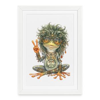 Aquarelle : Grenouille hippie avec le signe de paix - Affiche encadrée (27 × 37 cm) - blanc - Devant