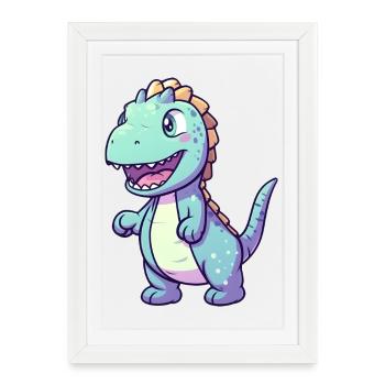 Dino mignon | dinosaure | Dino bleu bleu - Affiche encadrée (27 × 37 cm) - blanc - Devant