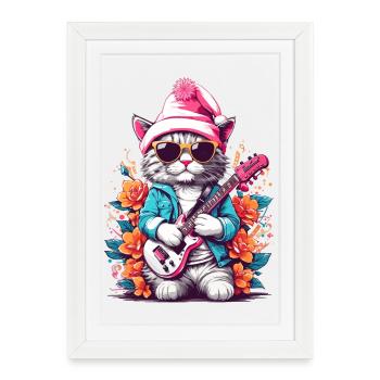 Cute cat with guitar - Framed poster (27 × 37 cm) - white - Front