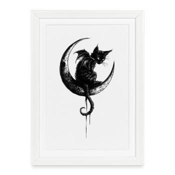 Gothique Noir Chat Chauve-souris Ailes Croissant de Lune Sombre - Affiche encadrée (27 × 37 cm) - blanc - Devant