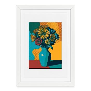 Fleurs Pop Art Sur Vase Bleu - Affiche encadrée (27 × 37 cm) - blanc - Devant