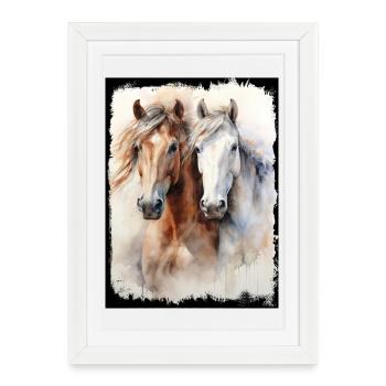 Two Noble Horses Portrait Watercolor Painting Art - Framed poster (27 × 37 cm) - white - Front