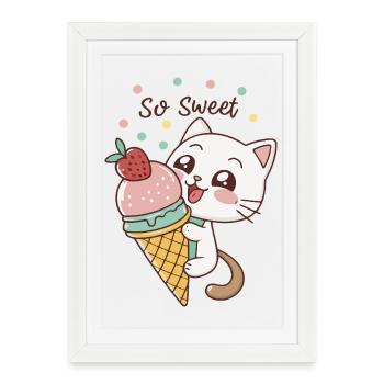 Chaton gourmand et glace pastel - Affiche encadrée (27 × 37 cm) - blanc - Devant