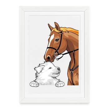 White Swiss Shepherd puppy and red horse - Framed poster (27 × 37 cm) - white - Front