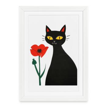 Chat noir avec des coquelicots - Affiche encadrée (27 × 37 cm) - blanc - Devant