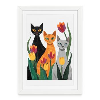 Trois chats stylisés : noir, gris, orange - Affiche encadrée (27 × 37 cm) - blanc - Devant